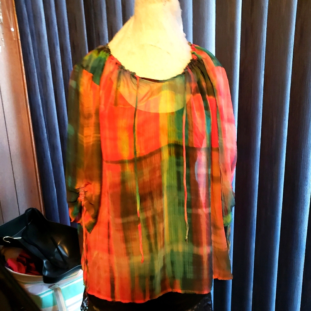 Catherine's colorful blouse
